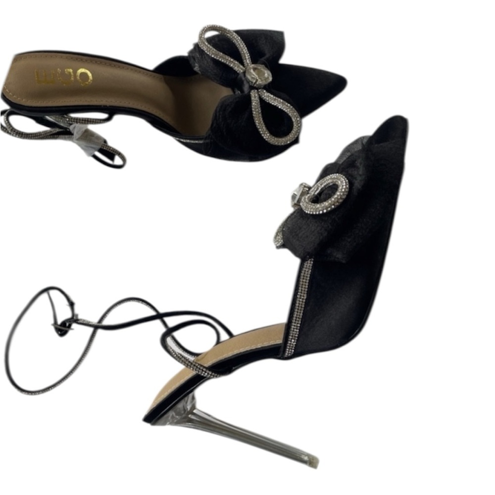 NEW Black High Heel Shoes Ankle Strap Crystal Rhinestone Bow Pumps Pointy 4” NWT - Picture 4 of 7